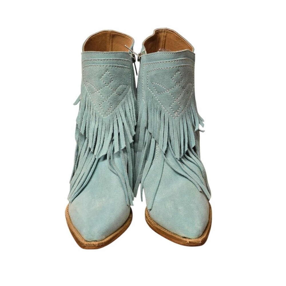Free People Womens 7 Lawless Fringe Western Suede Ankle Boots Turquoise Boho